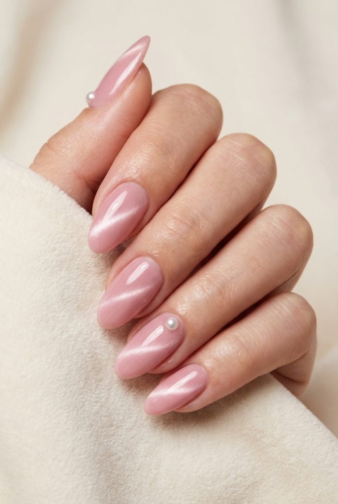 Hand with almond-shaped nails in shimmering baby pink, showcasing a pearl nail art idea where single small pearls are placed on a few nails for an elegant accent.