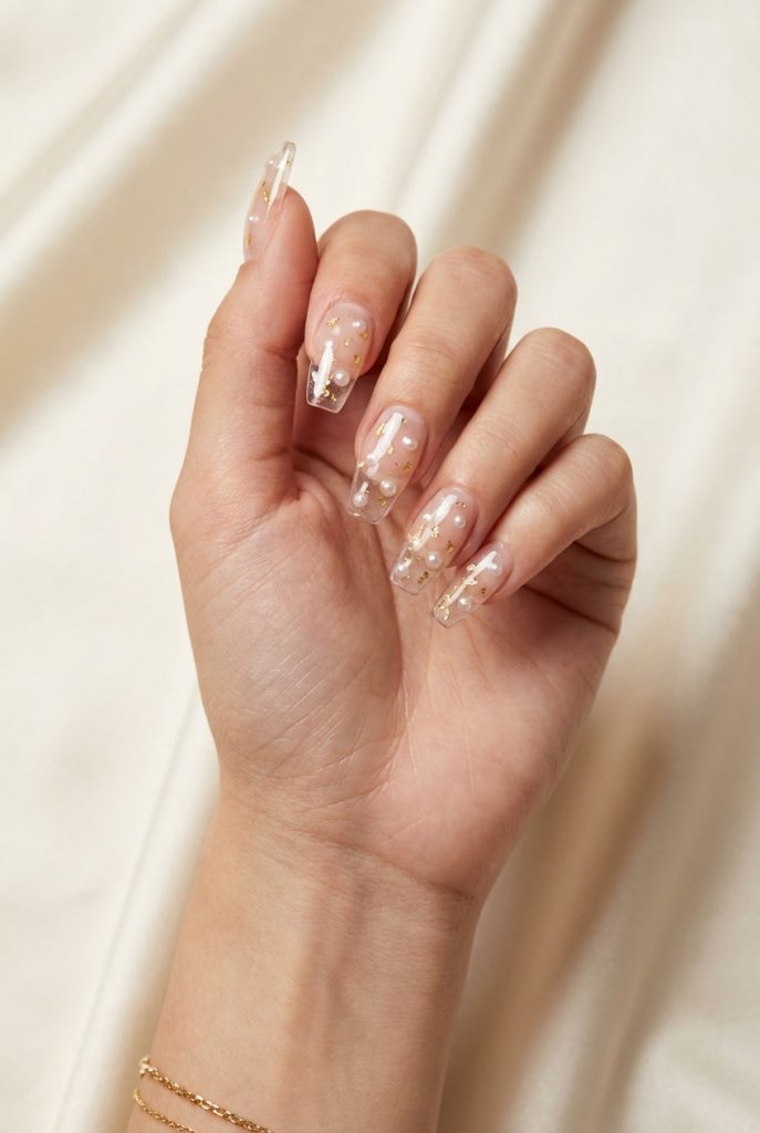 A hand held upward, showcasing a pearl nail art idea on long nude nails with clear tips, scattered with mini pearls and sparkling gold foil accents.