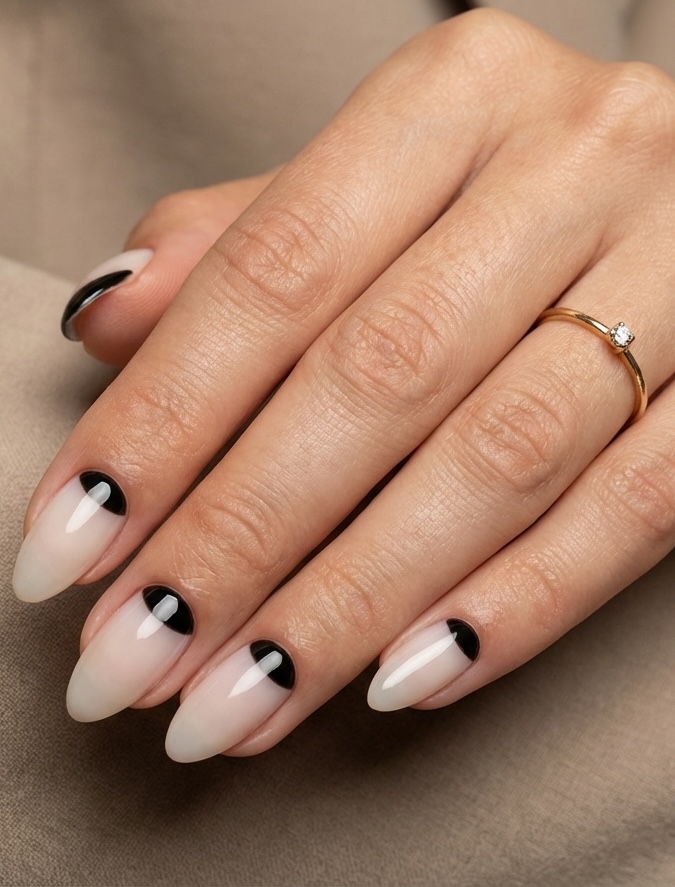 Close-up of a hand with almond-shaped nails in a sheer nude base and shiny black reverse French tips near the cuticle, highlighting a bold nail art idea.