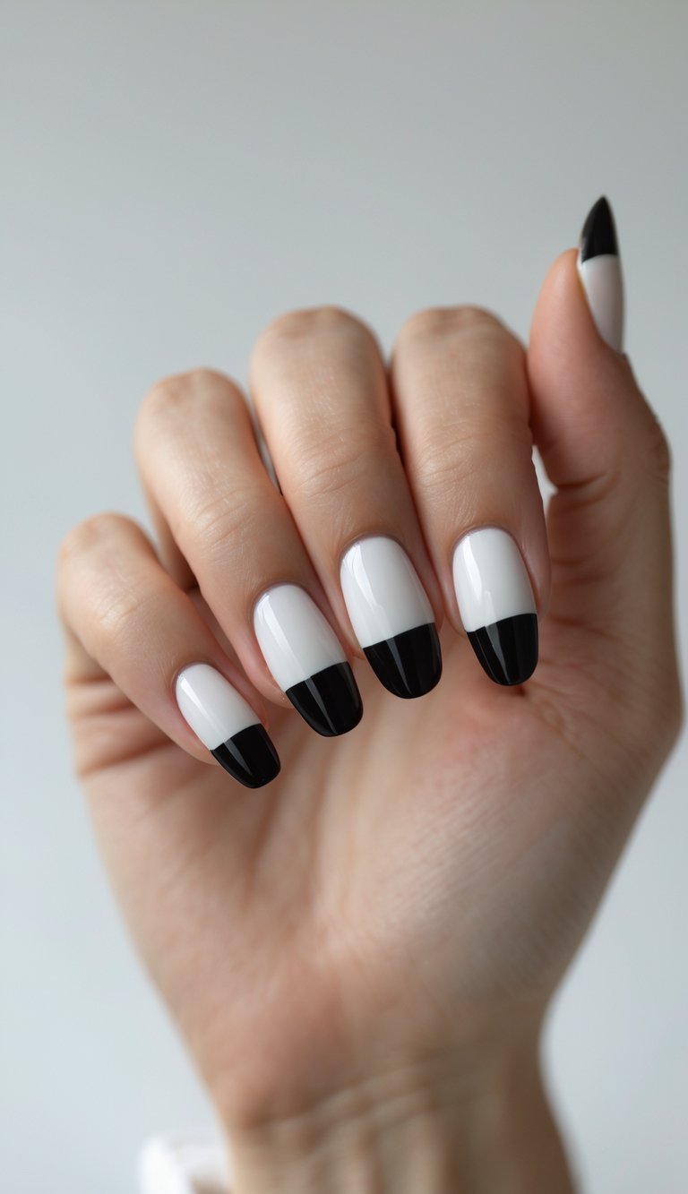These crisp white nails topped with thick black tips make for a sharp, high-contrast look that’s effortlessly chic.