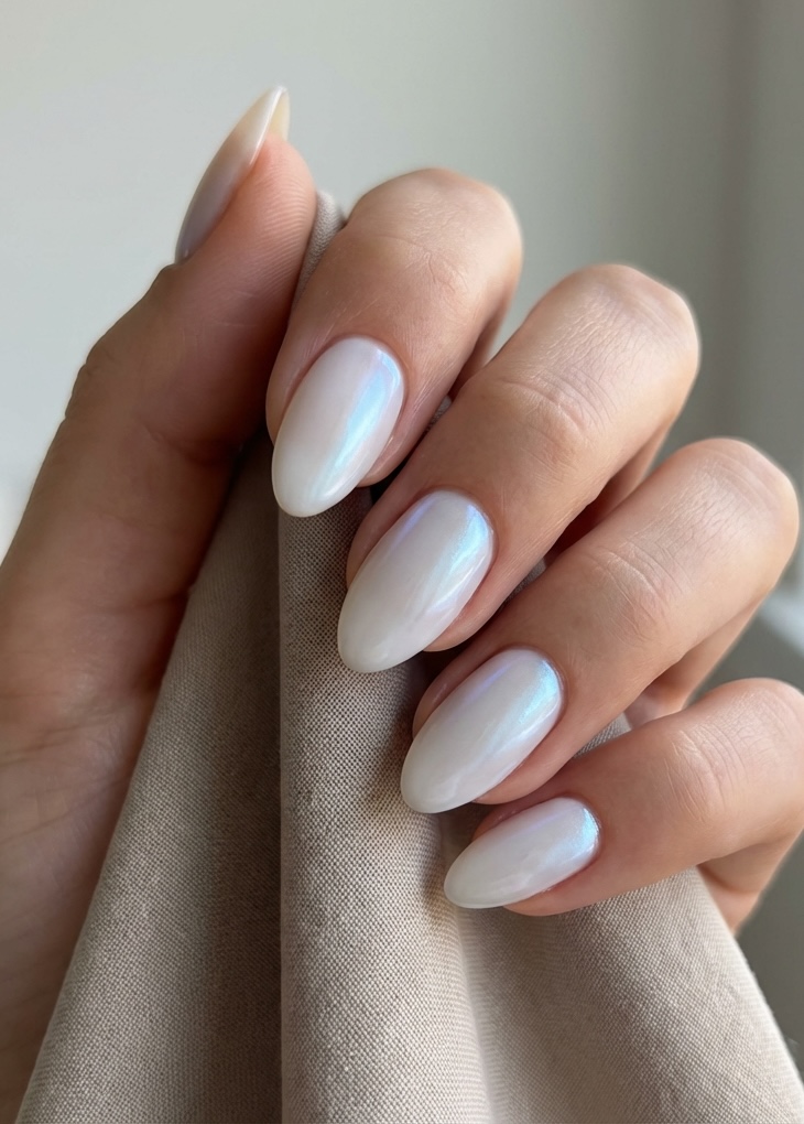 Hand with almond nails painted in a milky white glazed nail art idea featuring a glowing chrome finish and cool-toned reflections.