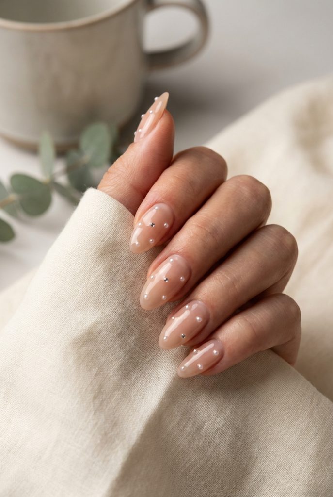 Hand holding a cream blanket with warm nude nails scattered with pearl dots, set beside a mug—evoking a cozy pearl nail art idea.