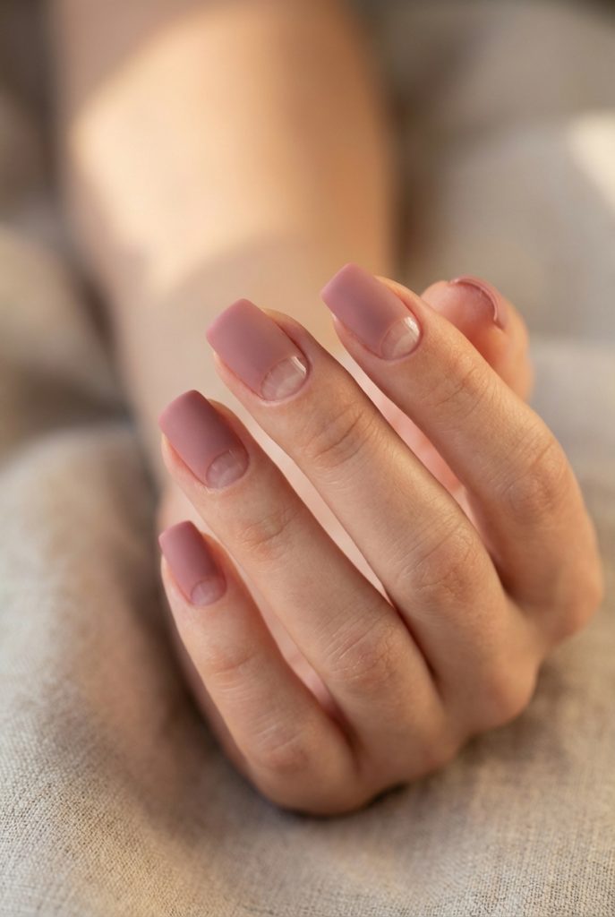 Close-up of a hand showing a reverse French nail art idea with matte mauve square tips and clear half-moon cuticles in natural lighting.
