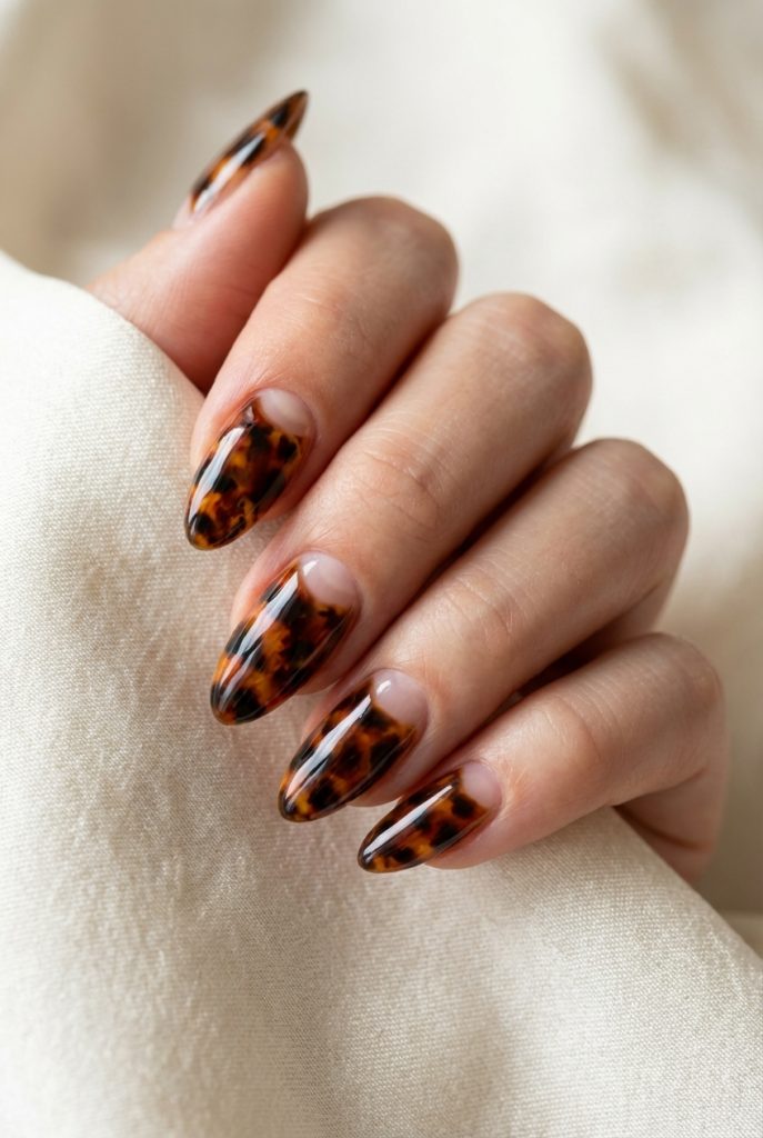 Close-up of a hand with almond-shaped nails in a tortoiseshell reverse French nail art idea, featuring glossy brown-black patterns and exposed clear lunulas.