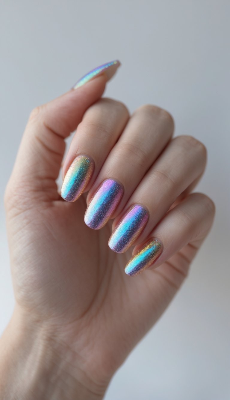 Holographic nails that reflect rainbow hues, catching everyone's attention with their unique shine