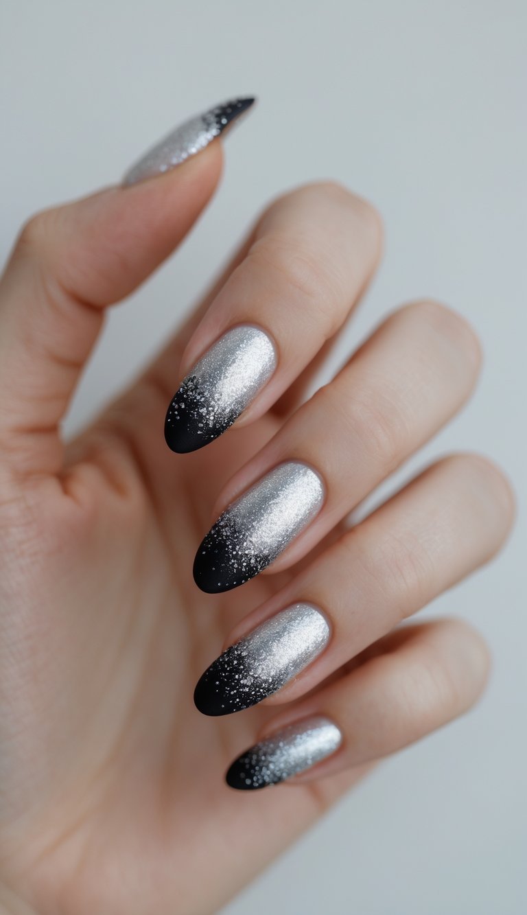 Silver glitter melts into jet-black tips for a dramatic, starry-night effect. It’s a chic, moody look that goes spectacularly with a glamorous New Year's ensemble.