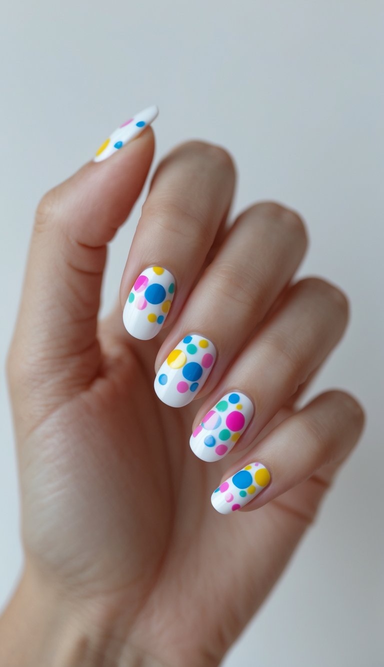 These nails showcase colorful "confetti" dots on a crisp white base for a mani that's fun, festive, and full of New Year’s cheer