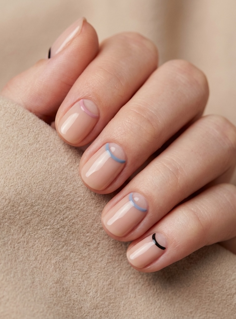 Short nail art idea with glossy nude nails featuring reverse half-moon details in pink, blue, and black on short, neatly shaped nails.