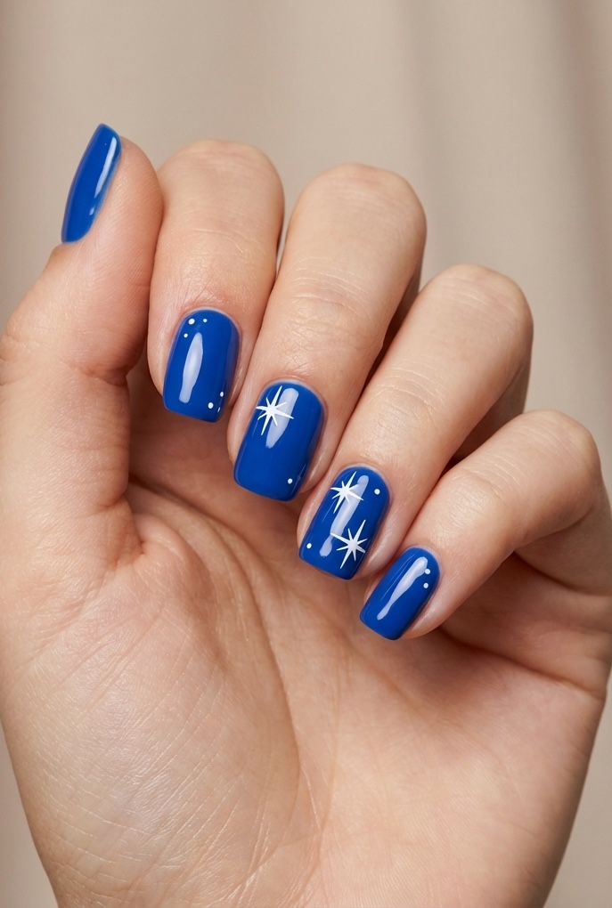 Short nail art idea showing a hand with square short nails painted in cobalt blue and detailed with tiny white stars and dots resembling constellations.