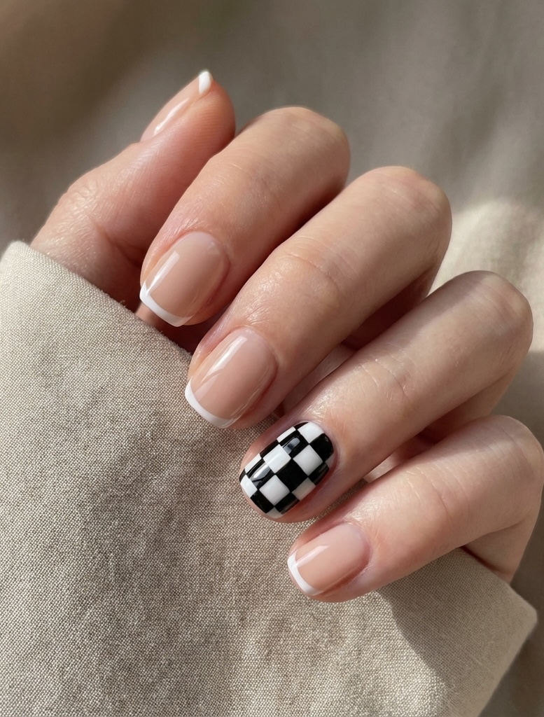 Short nail art idea featuring clean white French tips on a nude base and a single nail with a bold black-and-white checkerboard design.