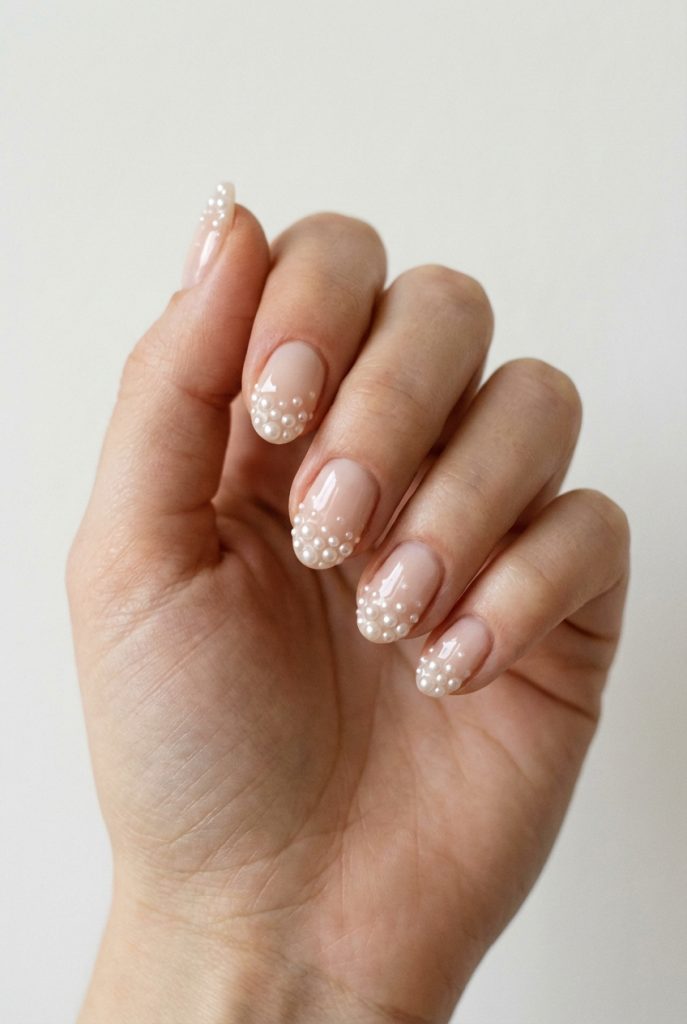 Elegant hand with glossy nude nails enhanced by a pearl nail art idea, where each tip is adorned with clusters of small pearls for an elevated minimalist design.
