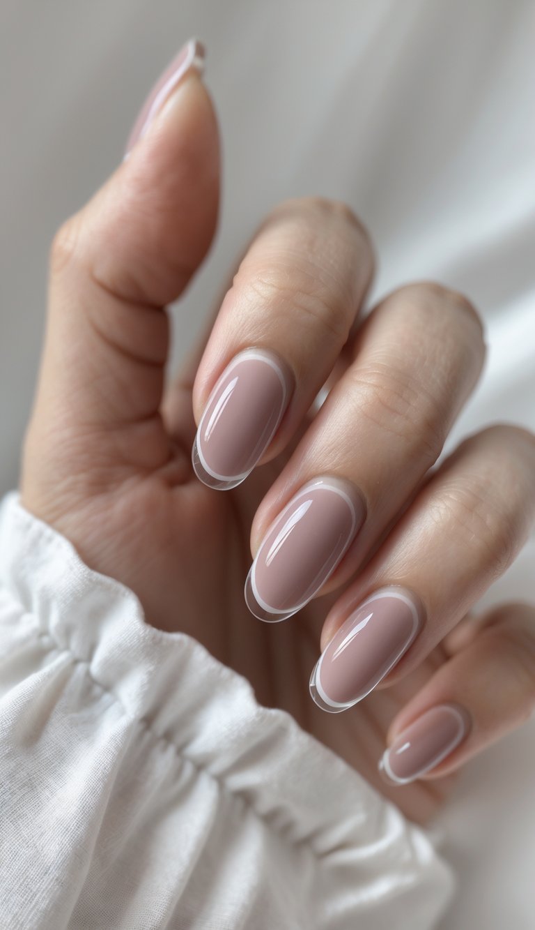 Close-up of a relaxed hand with oval nails featuring a dusty rose nail idea—each coated in soft blush pink and edged with a barely-there white border.