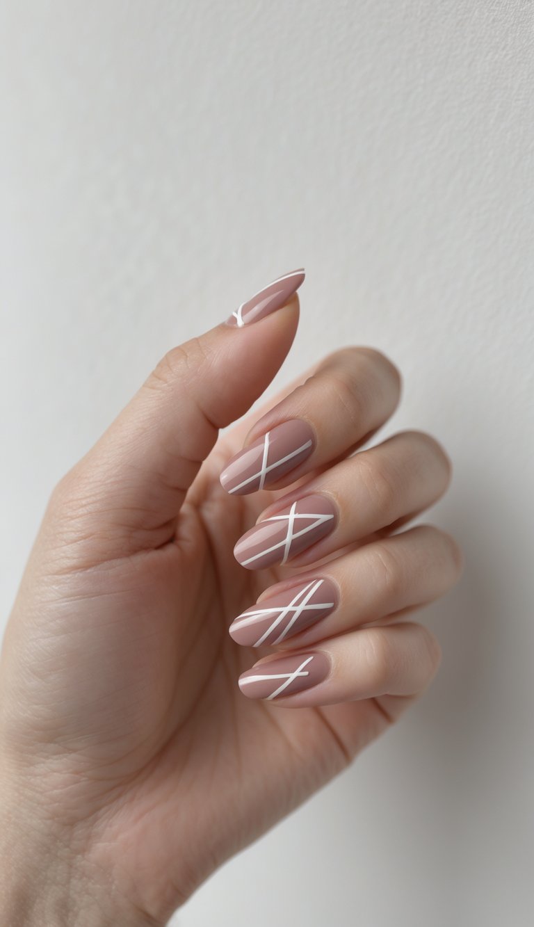 A modern dusty rose nail idea shown on a poised hand, featuring neutral-toned polish and angled white striping for a clean, bold finish.