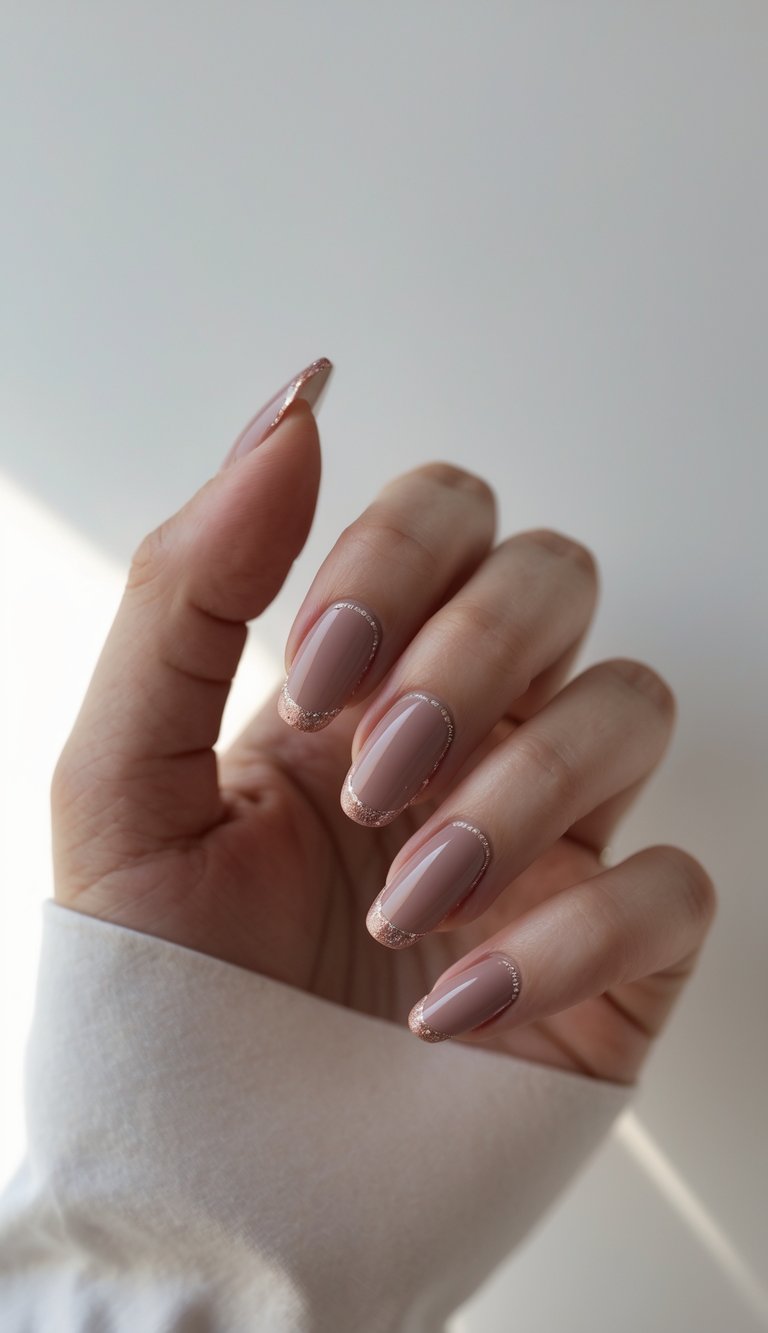 Glossy dusty rose nail art idea on almond-shaped nails, each edged in soft rose-gold glitter, creating a sleek, outlined effect that catches the light subtly.