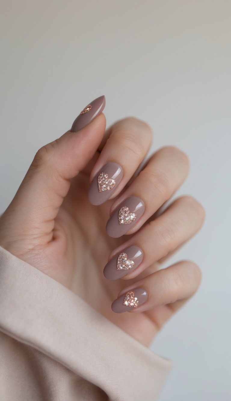 Dusty rose nail art idea featuring mid-length almond nails painted in a cool mauve, each accented with a glittering rose gold heart placed precisely at the center.
