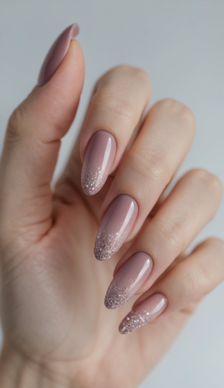 Nails glowing in a dusty rose nail art idea where rose-toned polish is kissed with a soft silver-pink glitter gradient that climbs toward each rounded tip.