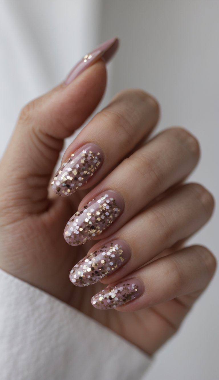 A hand styled with a dusty rose nail art idea featuring glossy mauve polish covered in chunky reflective glitter, transitioning from the cuticle to tip for a dramatic effect.