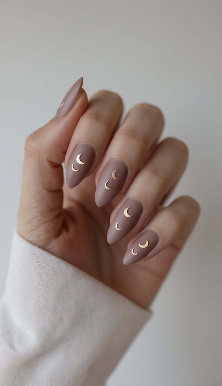 Dusty rose nail art idea with a matte finish and gold crescent designs placed thoughtfully on long almond nails, creating a calm and cosmic mood.