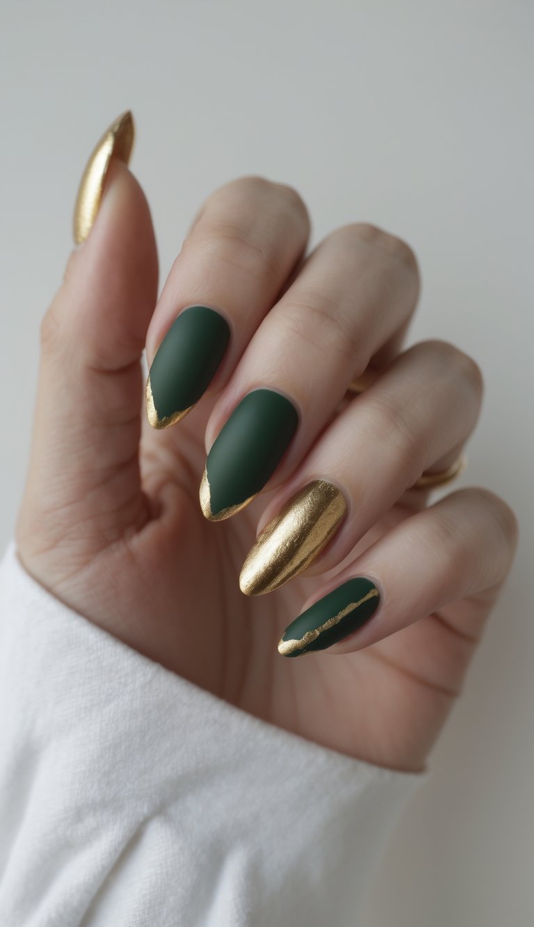 A hand displays bold green and gold nail art idea with matte hunter green nails, jagged gold tips, and one nail fully painted in glossy gold chrome finish.