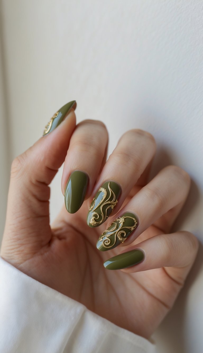 Hand shown with sage green nails and raised golden filigree accents, presenting a romantic green and gold nail art idea with smooth, glossy polish and soft feminine details.