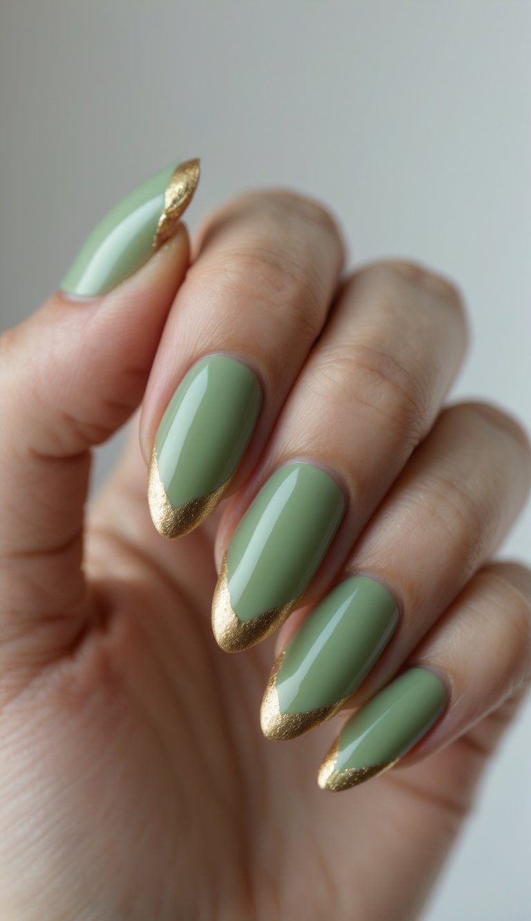 A gracefully curled hand features pistachio green nails with jagged metallic gold tips, creating a striking green and gold nail art idea with a dip-effect shine and soft base contrast.