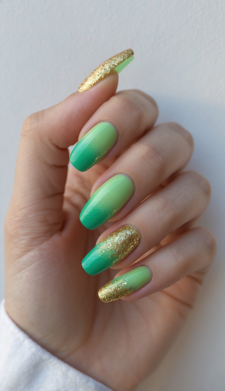 Nails in gradient mint and emerald tones are paired with scattered gold foil and glitter-tipped designs, showcasing a fresh green and gold nail art idea on a relaxed hand against a white wall.