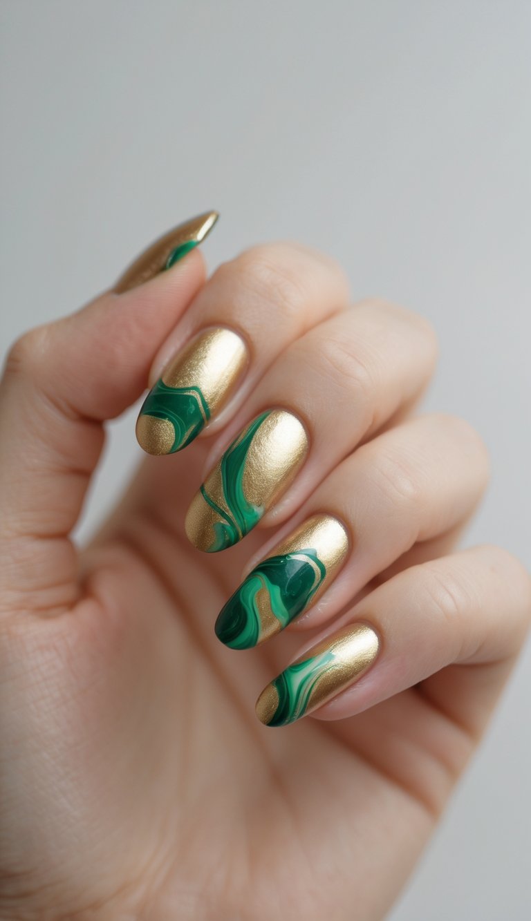 A hand displays long almond nails painted in shimmering gold with bold green marble swirls, offering an artistic green and gold nail art idea that mimics the texture of molten metal and stone.