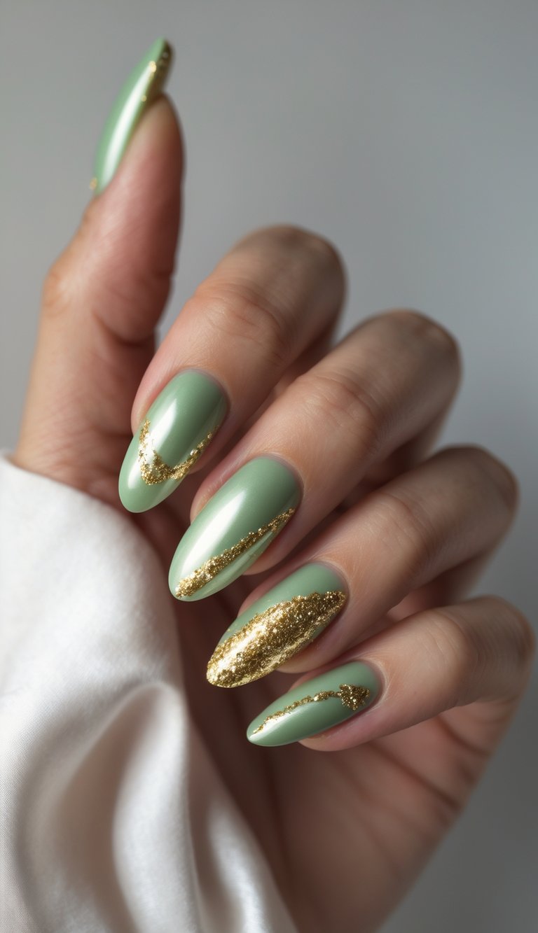 A softly curled hand shows long jade-green nails each painted with irregular gold foil strokes, creating an artistic green and gold nail art idea with painterly texture.