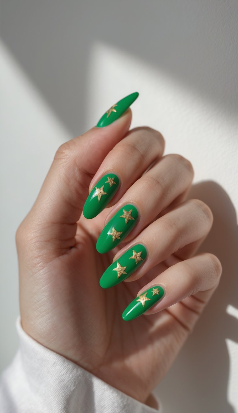 Close-up of emerald green nails featuring shiny gold star accents scattered across the surface, presenting a whimsical green and gold nail art idea with galactic flair.