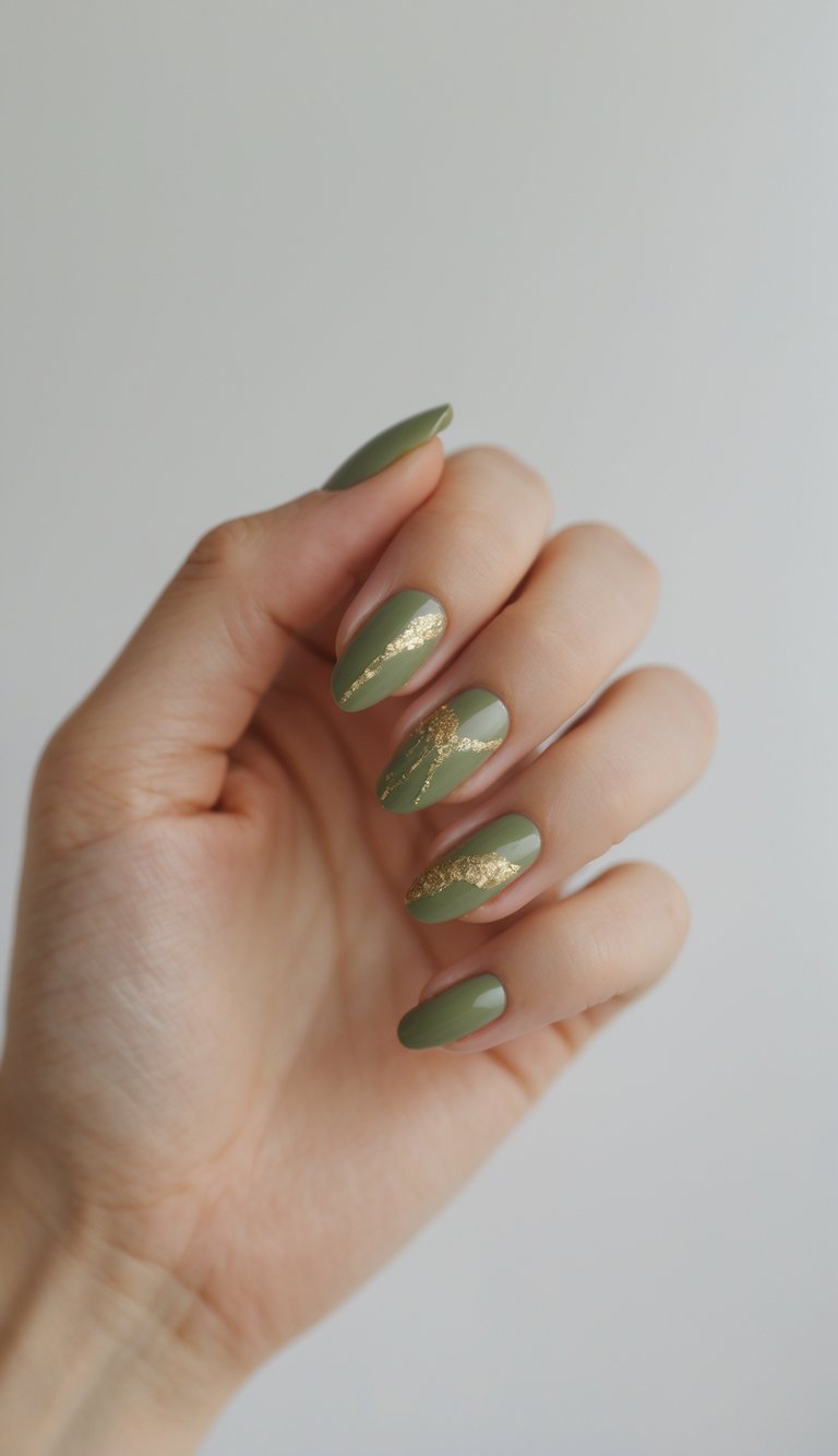 Fingers with almond nails in soft sage green, interrupted by slim gold foil designs on a few nails, showing a modern green and gold nail art idea with understated elegance.