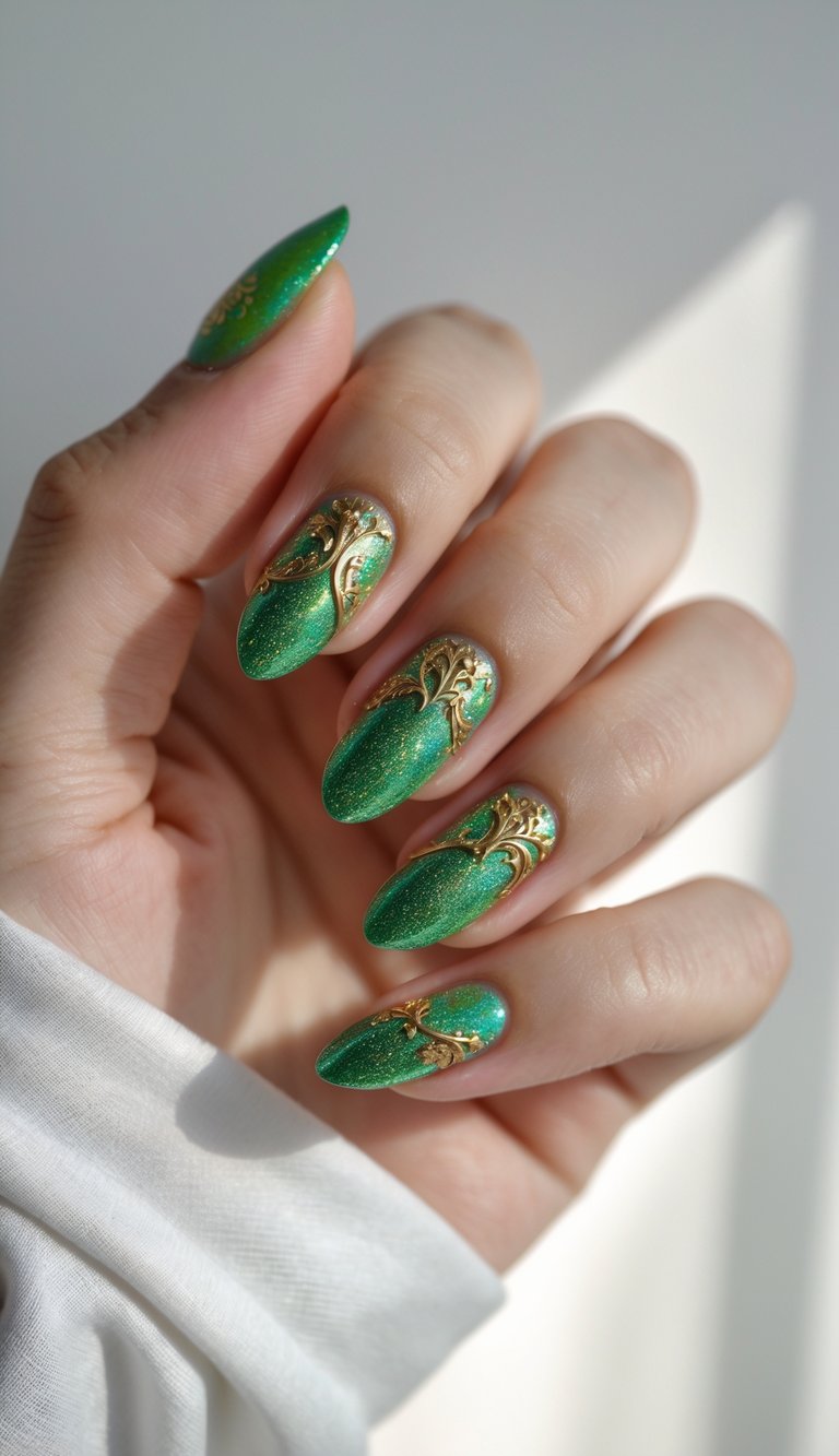 A hand showcases sparkling emerald nails adorned with raised gold floral embellishments near the base, presenting a green and gold nail art idea full of opulent, fairytale-inspired charm.