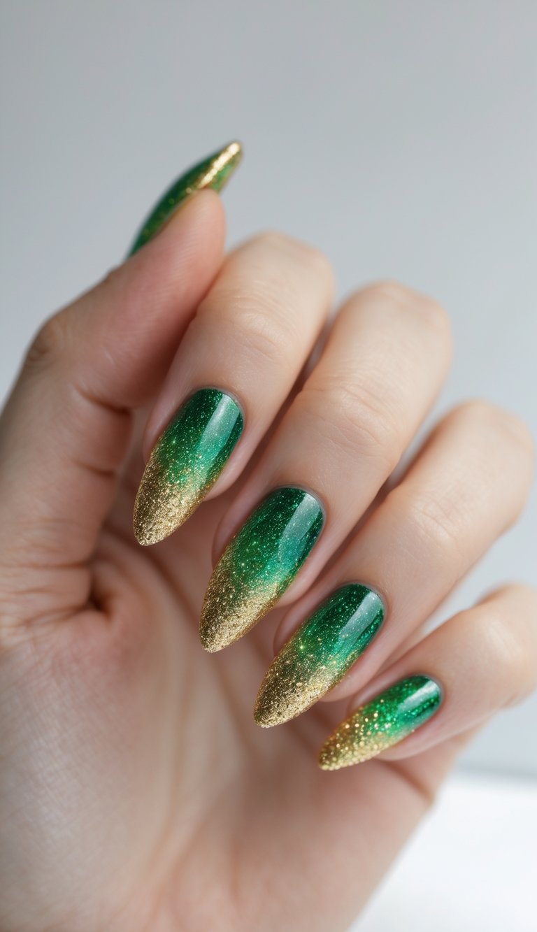 Almond nails coated in glossy green polish that fades into dense gold glitter tips, showing a bold green and gold nail art idea with striking sparkle and rich dimension.