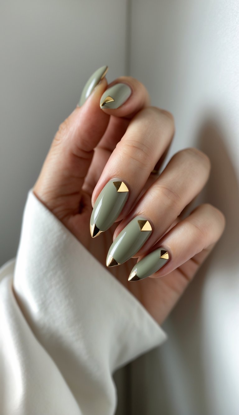 A hand with almond-shaped nails in muted sage green, each finished with a metallic gold triangle tip, showcasing a minimalist green and gold nail art idea with geometric edge.