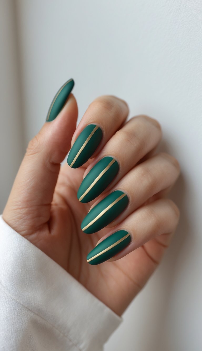Hand with matte green nails and fine, central gold stripes on each finger, forming a green and gold nail art idea inspired by light and symmetry with a soft, structured feel.