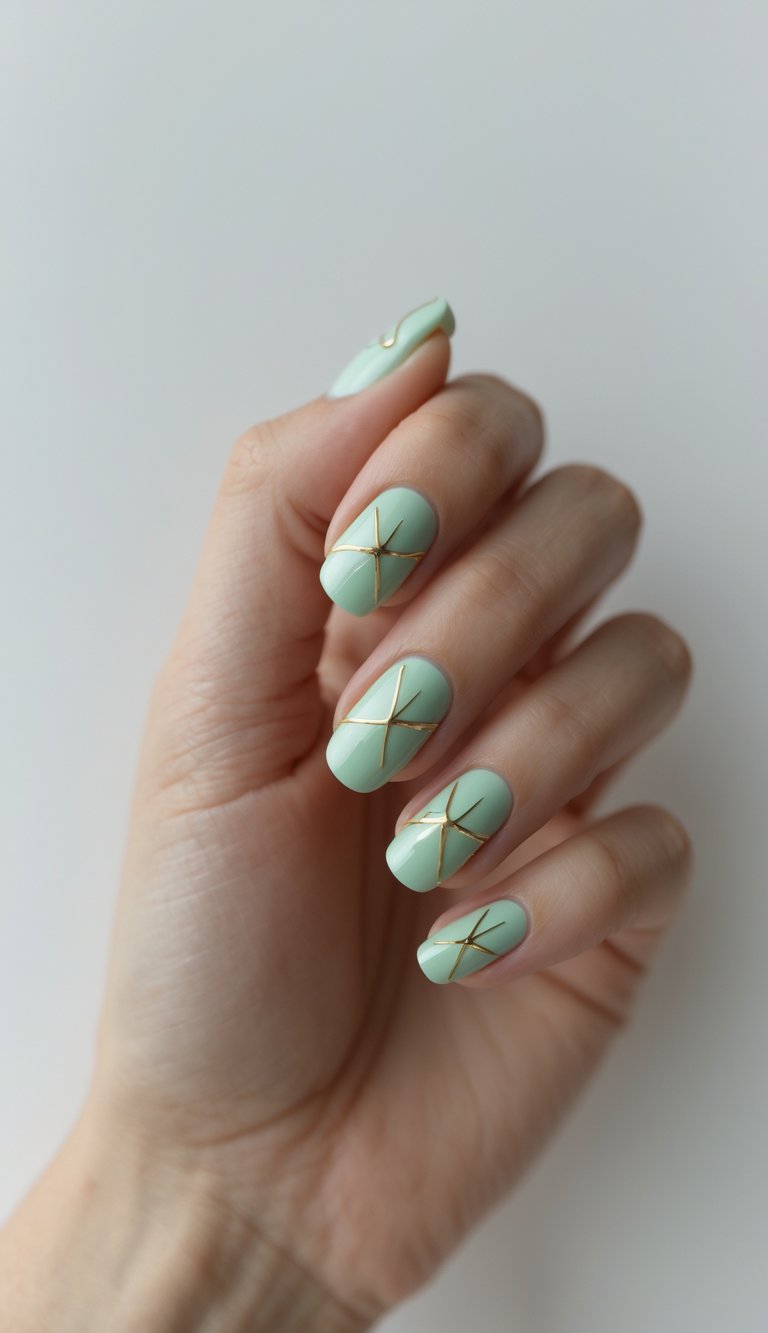 Fingernails polished in pale mint and detailed with straight gold lines crossing at various angles, showing a modern green and gold nail art idea that’s clean but eye-catching.