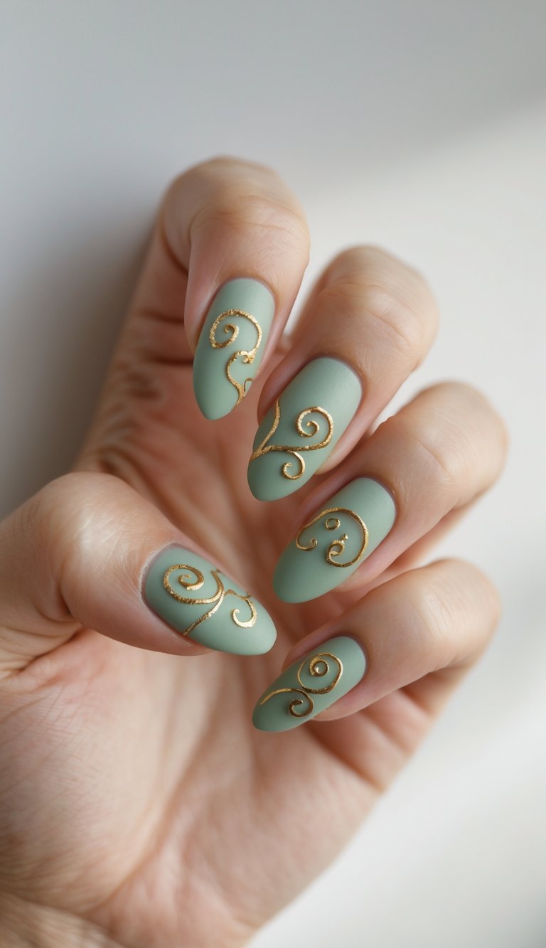 Fingers with soft olive matte nails, each decorated with intricate, curving gold swirls resembling handwritten flourishes, creating an artistic green and gold nail art idea with vintage inspiration.