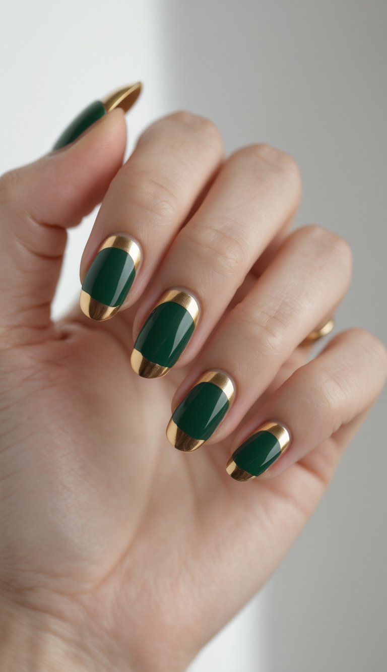 Close-up of symmetrical nail design featuring glossy green centers flanked by curved gold foil accents at both the base and tip, reflecting a chic green and gold nail art idea with minimal yet high-impact detail.
