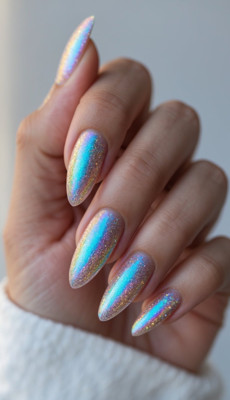 Almond nails featuring a soft rainbow shimmery nail art idea with chrome overlay and fine glitter, shown on a hand against neutral lighting.