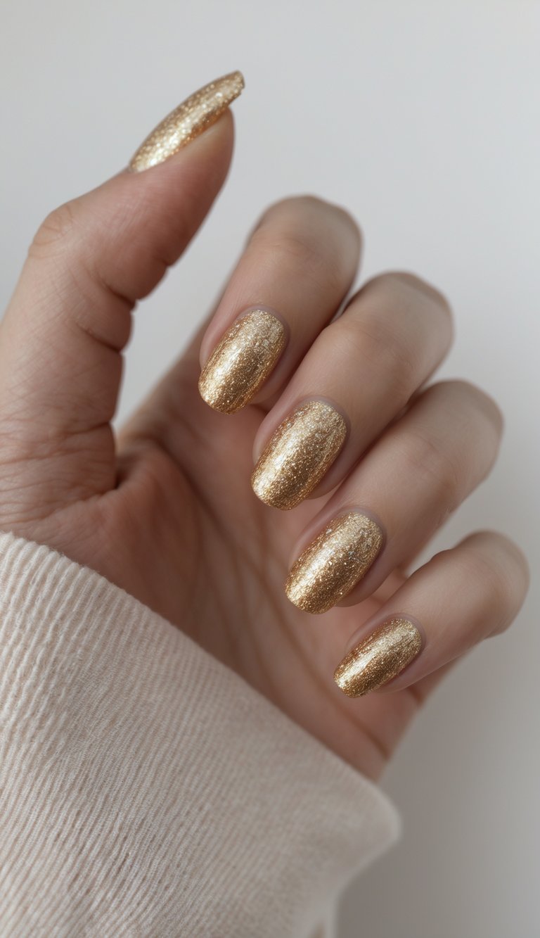 A close-up of a glowing gold manicure, where a shimmery nail art idea transforms each nail into a bold, full-coverage statement.