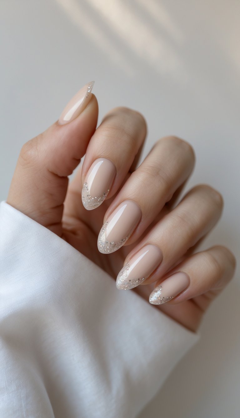 A close-up of a hand with almond-shaped nude nails featuring silver glitter tips, showcasing a soft and elegant shimmery nail art idea.