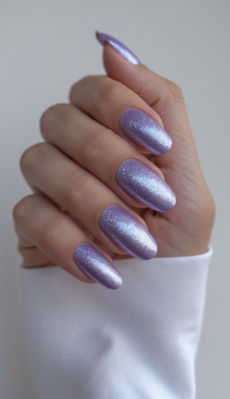 Hand with almond-shaped nails painted in soft lavender shimmer, showcasing a minimalistic shimmery nail art idea with a glistening ice-like finish.