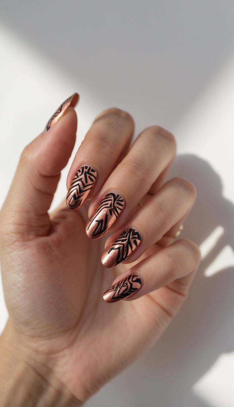 Close-up of hand showcasing geometric black designs on shiny bronze nails, giving off an ancient-meets-modern vibe in this shimmery nail art idea.
