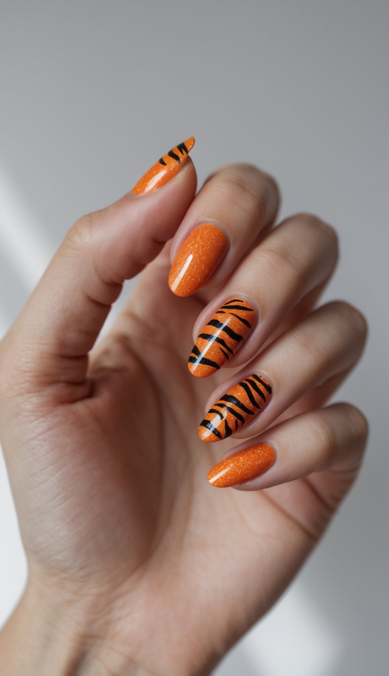 Hand with almond-shaped nails in vivid orange shimmer polish and striking black tiger stripe details, showcasing a fierce and wild shimmery nail art idea.
