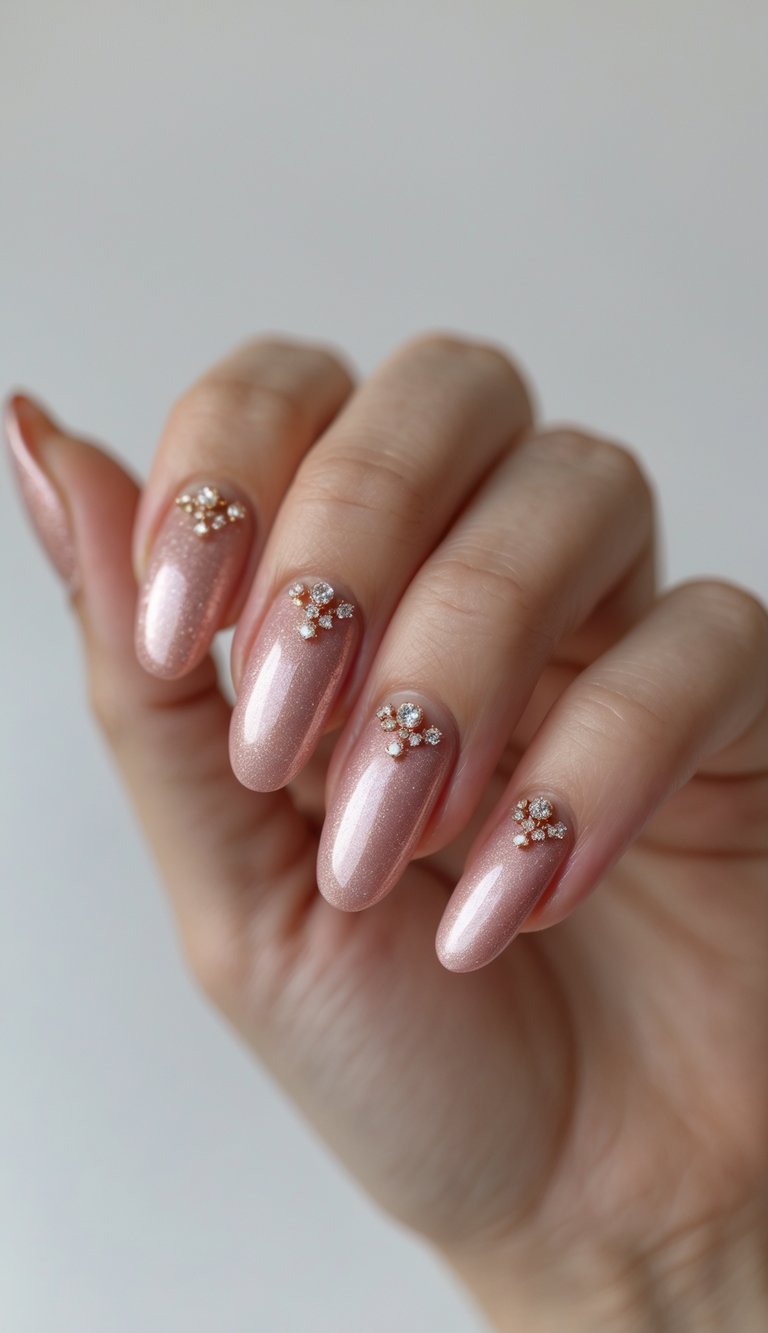 Hand with almond-shaped nails in blush pink shimmer, each adorned with small rhinestone floral clusters near the cuticle, showcasing a romantic shimmery nail art idea.
