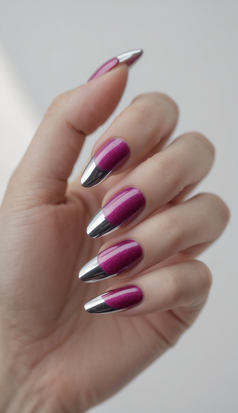 A stunning shimmery nail art idea combining deep berry polish and silver chrome tips for a bold, liquid-metallic contrast.