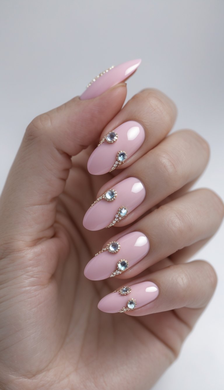 Hand with almond nails in a glossy nail art idea, featuring blushing pink polish enhanced by bold blue jewel stones and gold bead swirl detailing.