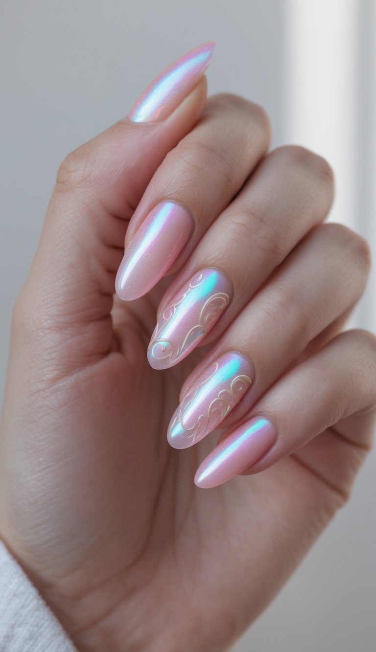 Close-up of a hand showing an iridescent nail art idea with blush pink almond nails, luminous chrome reflections, and subtle embossed swirl details catching soft blue and lavender light.