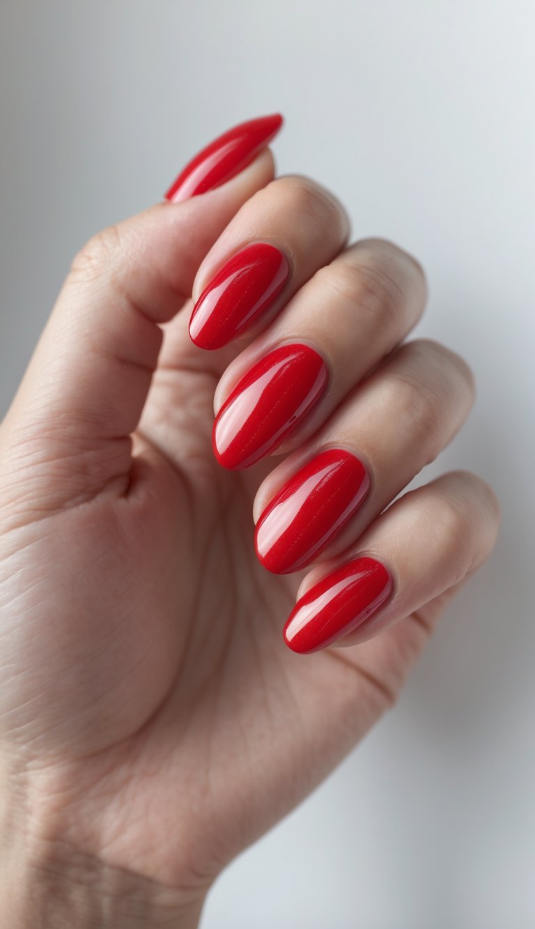 Close-up of a hand featuring bold, glossy red nails with a sharp shine, highlighting a fierce glossy nail art idea.
