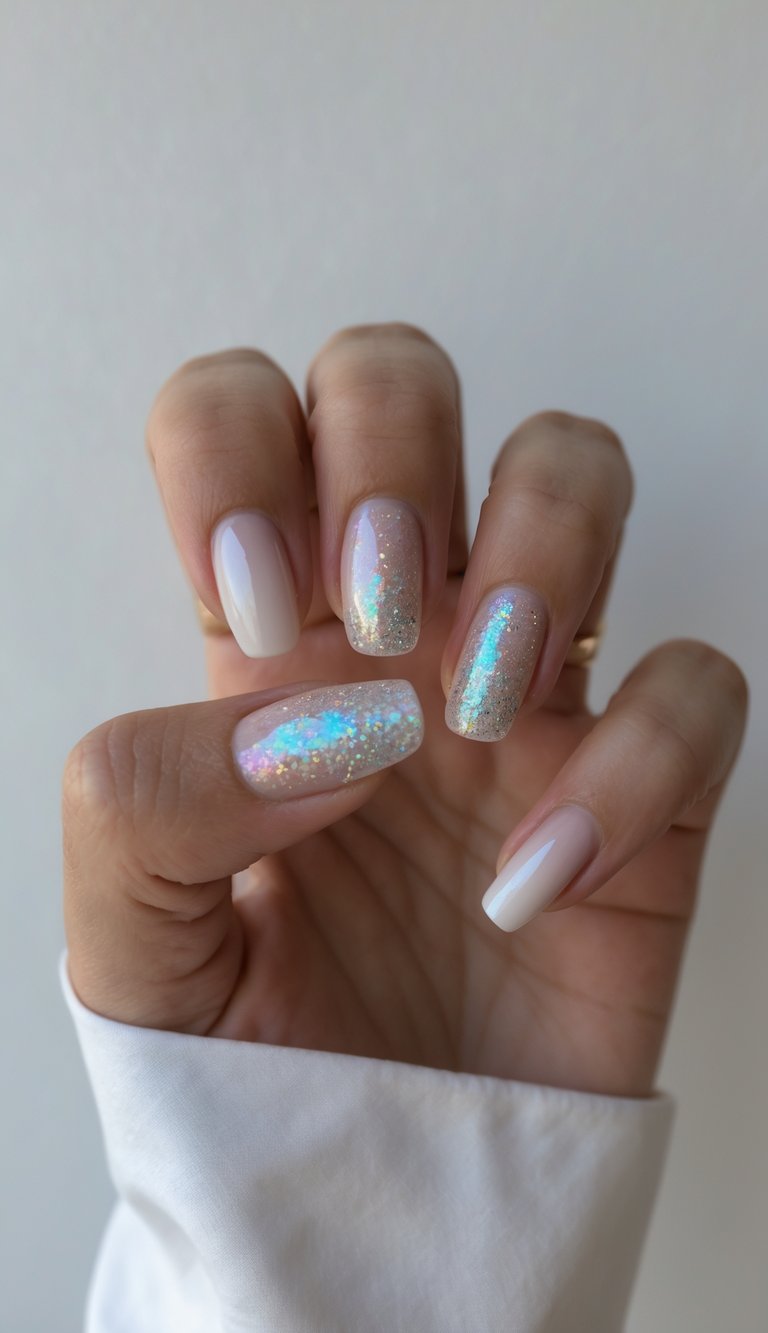 Close-up of fingers showing an iridescent nail art idea with nude square nails and clear glitter designs filled with fine holographic sparkles.