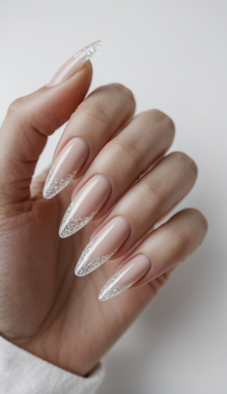 Close-up of a hand featuring glossy nude nails with clear pointed tips and snow-like silver glitter for a dreamy glossy nail art idea.